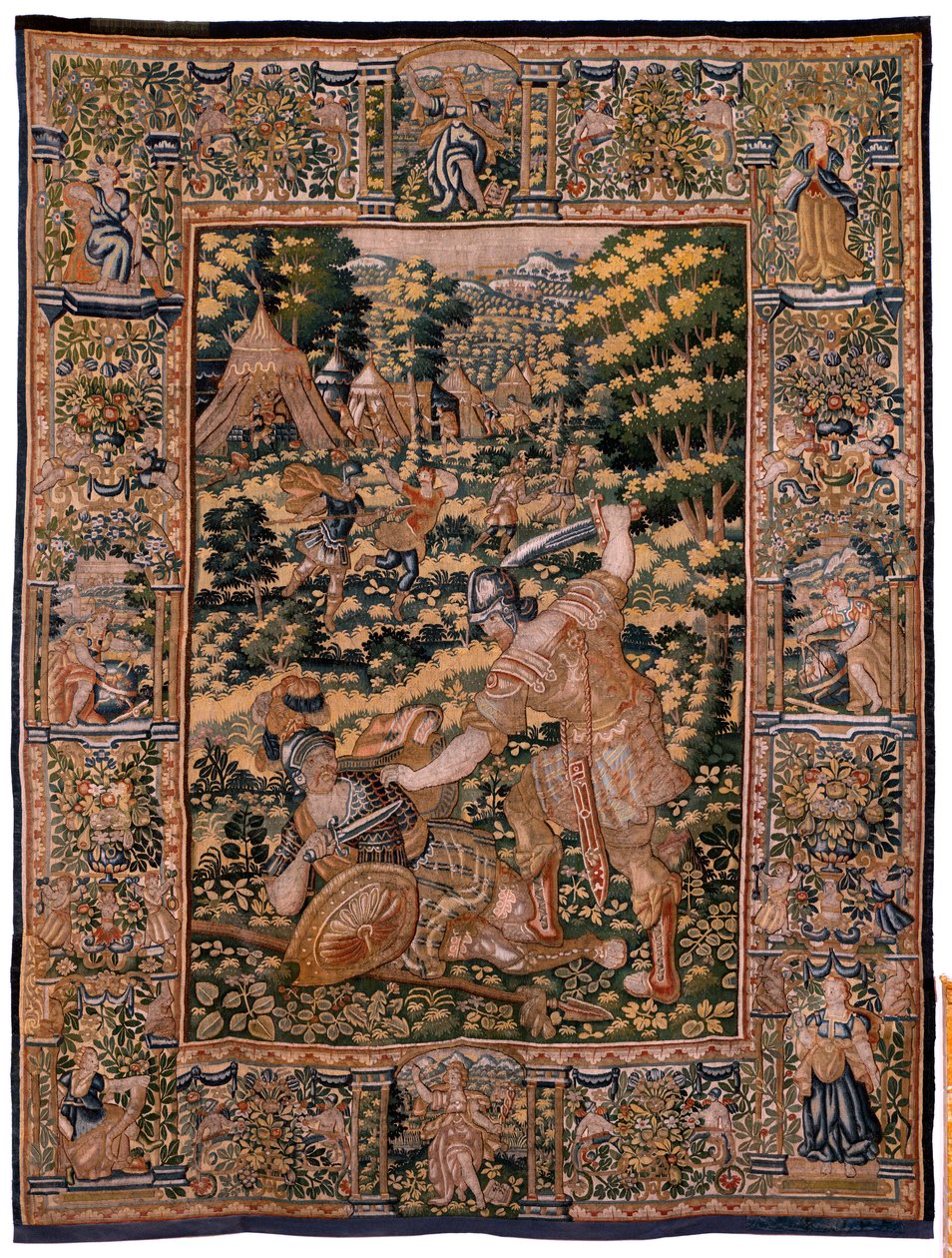 Tapiz flamenco. Serie Historia de Ciro. No V Combate entre dos guerreros y la muerte de Ciro (Combate de dos guerreros y muerte de Ciro). Anónimo, basado en Michiel Coxcie. Taller Amberes. Seda y lana. hacia 1590. de Flemish School