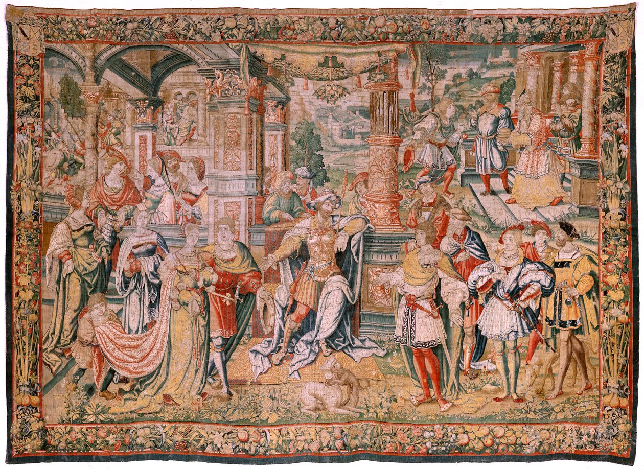 Tapiz flamenco. Serie Historia de David. David antes de Saúl (David ante Saúl). Modelo de Bernard van Orley. Fabricación Bruselas. Ca1525. Tela Seda y lana. Tamaño 560 x 410 cm. Ubicación Catedral de Burgos. Origen Un legado a la catedral en 1535 por Card de Flemish School