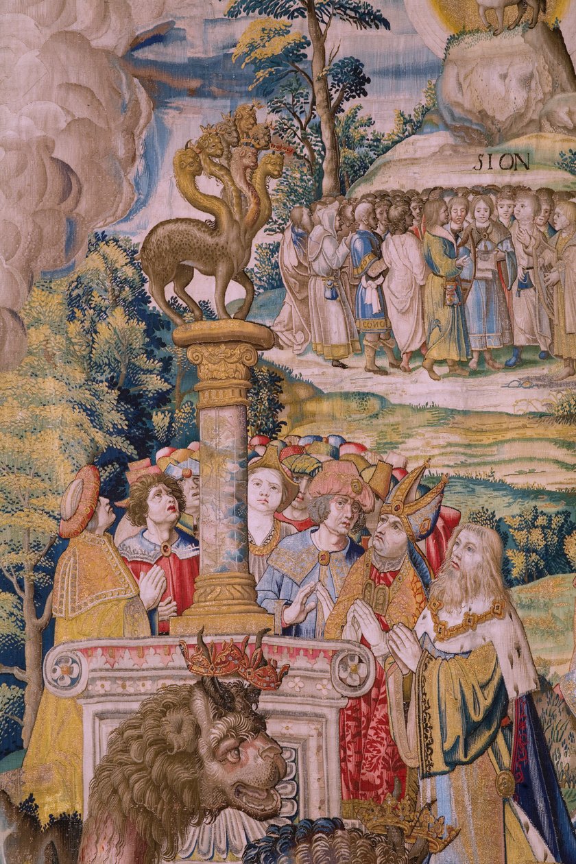 Tapiz flamenco. Serie El Apocalipsis: San Miguel derrotando al dragón. Atelier Willem Dermoyen, Bruselas. Ca 1553-1555. Detalle. de Flemish School
