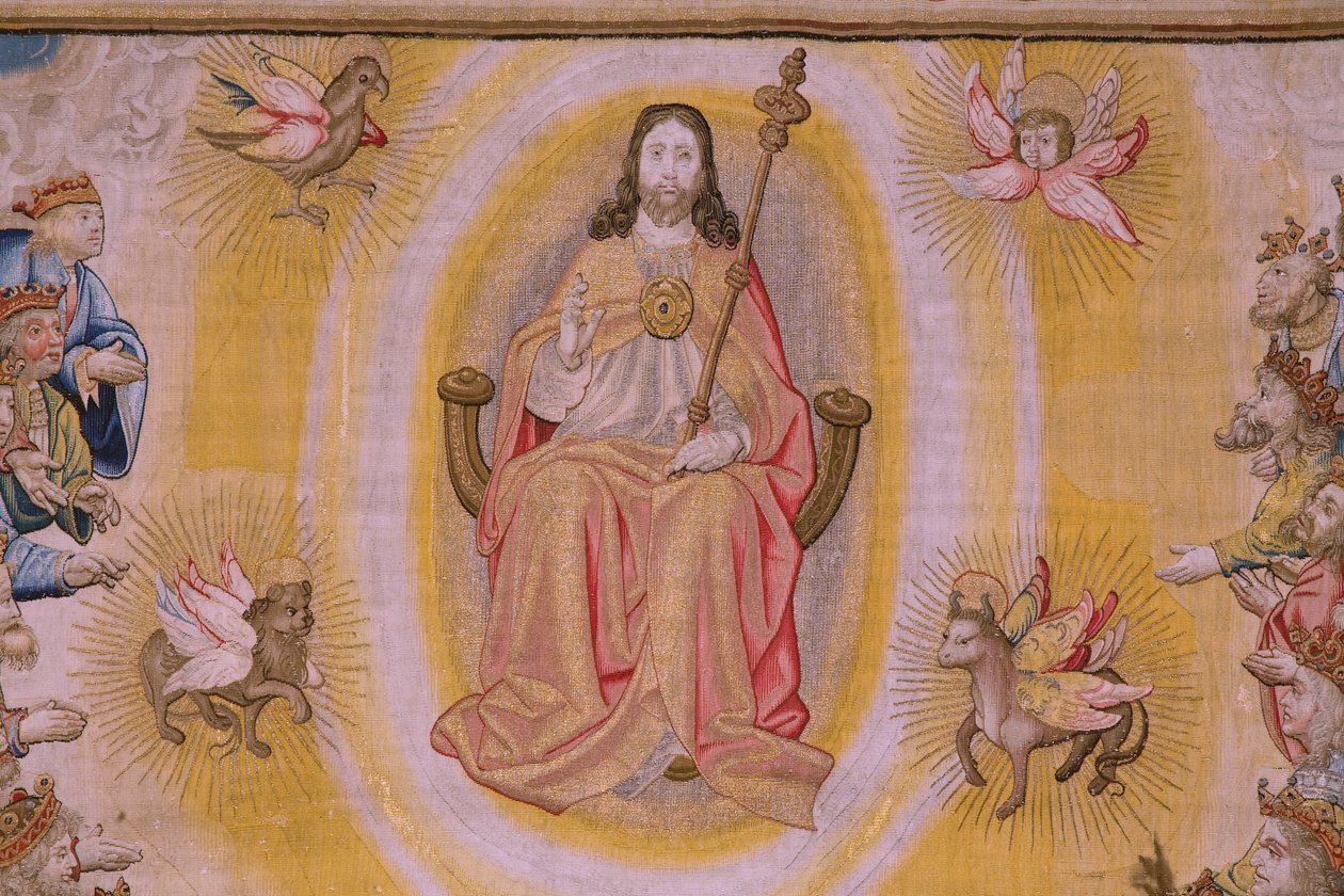 Tapiz flamenco. Serie El Apocalipsis: San Miguel derrotando al dragón. Atelier Willem Dermoyen, Bruselas. Ca 1553-1555. Detalle. de Flemish School