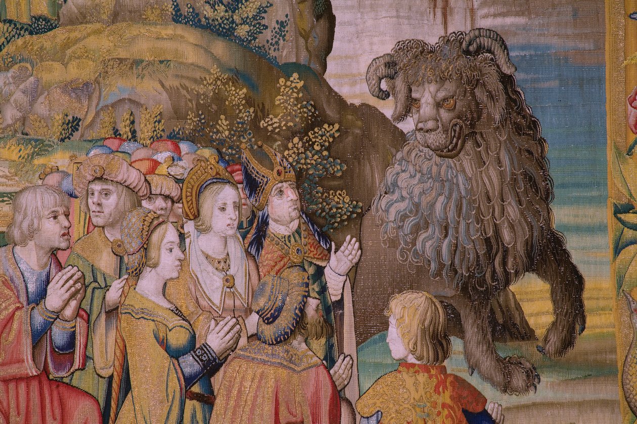 Tapiz flamenco. Serie El Apocalipsis: San Miguel derrotando al dragón. Atelier Willem Dermoyen, Bruselas. Ca 1553-1555. Detalle. de Flemish School