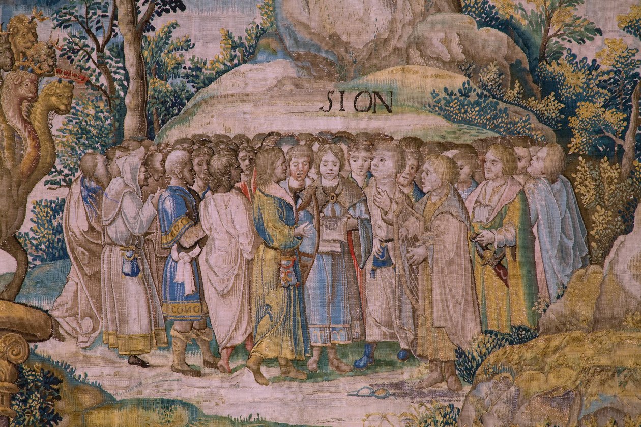 Tapiz flamenco. Serie El Apocalipsis: San Miguel derrotando al dragón. Atelier Willem Dermoyen, Bruselas. Ca 1553-1555. Detalle. de Flemish School