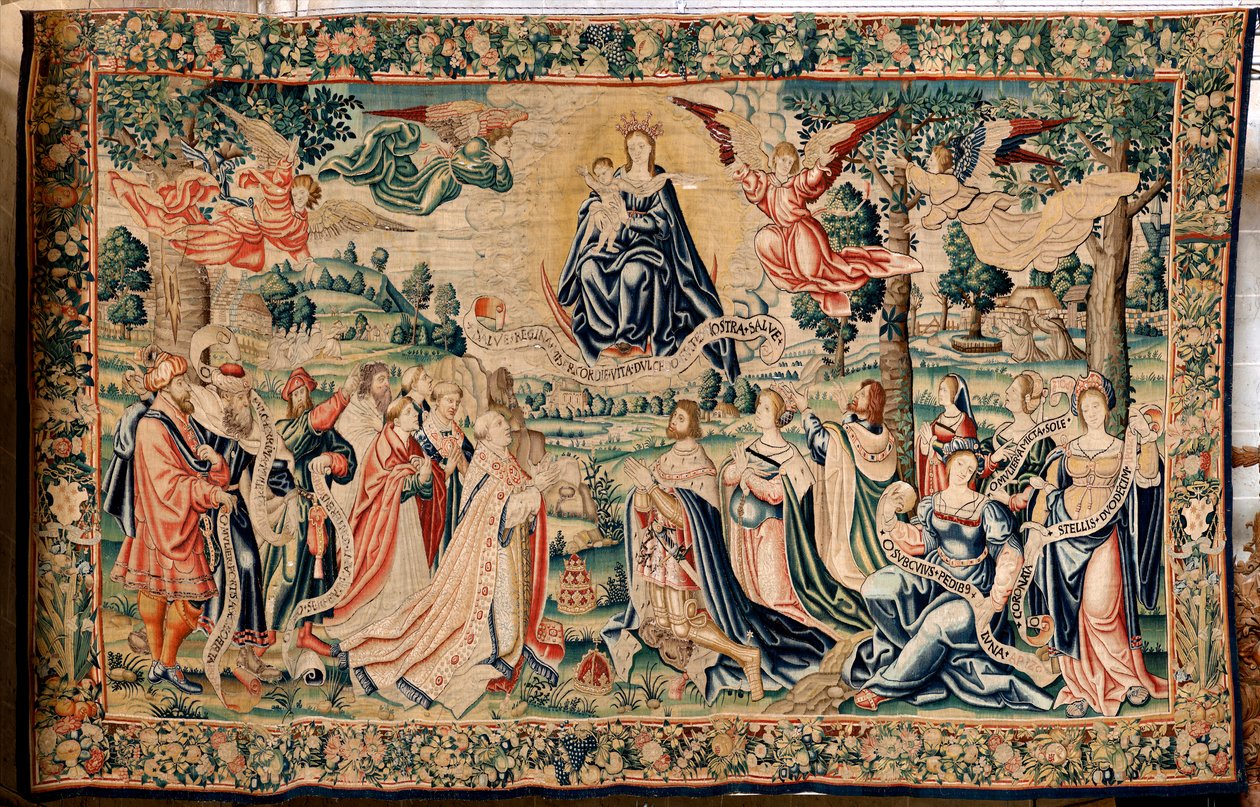Tapiz flamenco. Serie El Granizo. Salve Regina. Fabricación en los talleres de Bruselas, una posible fabricación de Marc Crétif. Ca 1528. Medidas 412 x 652 cm. Tela Seda y lana. Ubicación Catedral de Palencia. Origen Un legado del obispo Fonseca en 1529. E de Flemish School