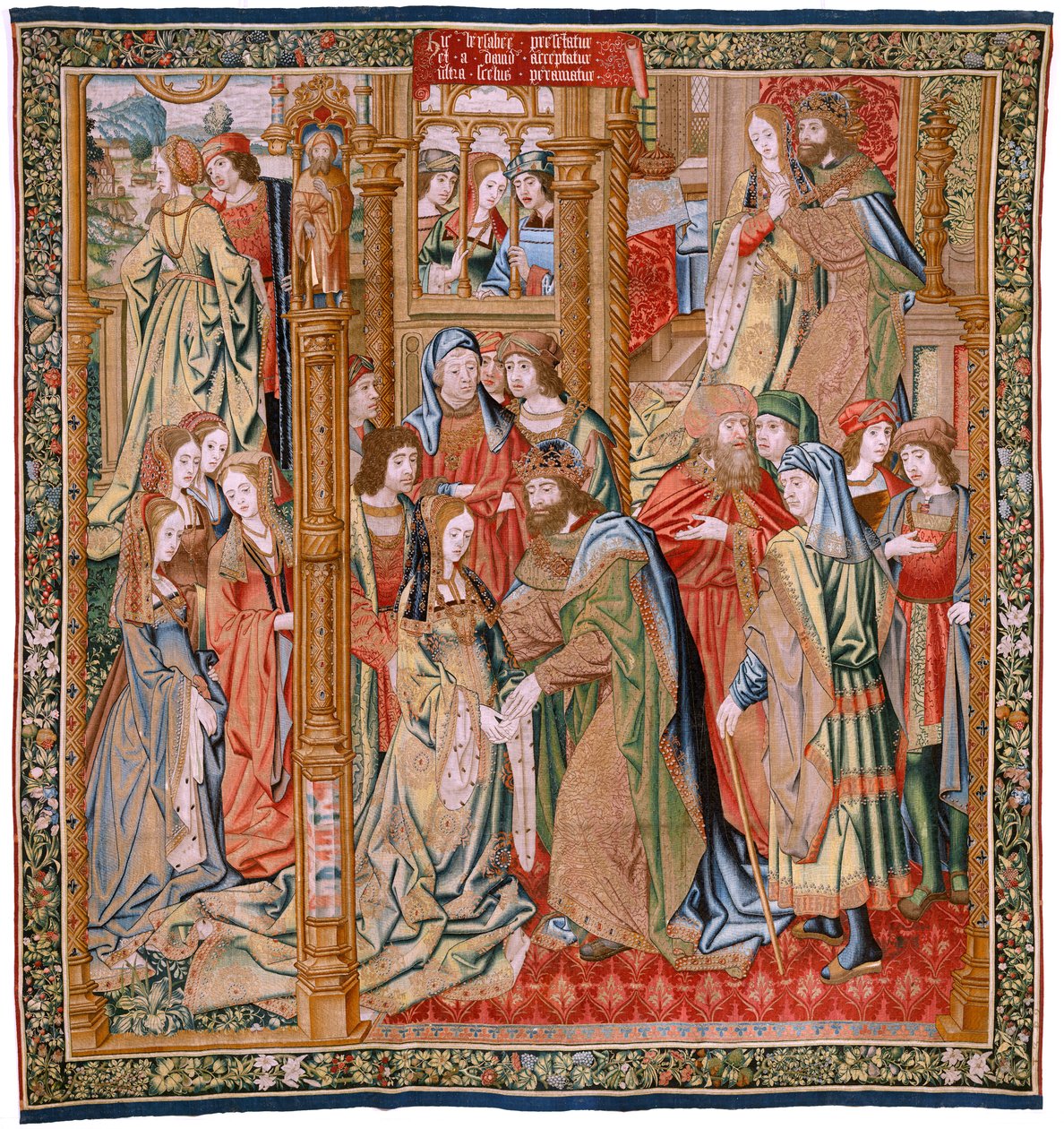 Tapiz flamenco. Serie La Historia de David y Betsabé. Matrimonio de David y Betsabé (Casamiento de David y Betsabé). Segundo panel de la serie. Modelo Anónimo. Fabricación Desconocida, Bruselas. 1505. Tejido Oro, seda y lana. de Flemish School