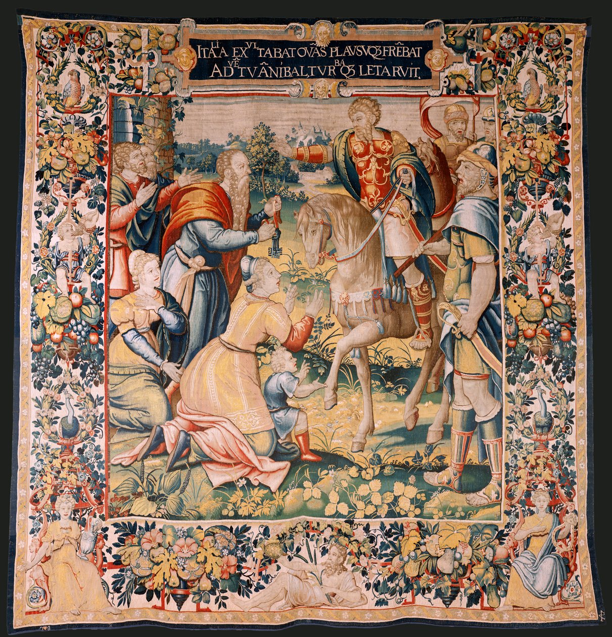 Tapiz flamenco. Serie La Historia de Aníbal. Aníbal en Italia (Aníbal en Italia). Tercer tapiz de los conservados. Modelos Maestro anónimo de los Países Bajos. Fabricación de Bruselas, taller. Ca 1570. Tejido Lana y seda. 6,5/7 urdimbres por cm. Tamaño de Flemish School