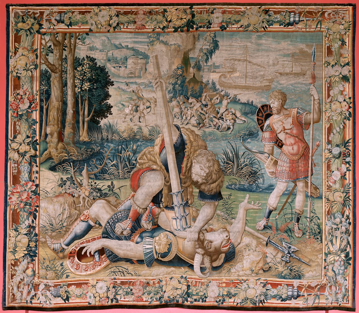 Flemish tapestry. Series The Labours of Hercules. Hercules battling the Minotaur (Hércules luchando con el Minotauro). Hércules luchando con el Minotauro). Second tapestry in the extant series. Model Unknown. Manufacture Willem Dermoyen, Brussels. Ca 1528. de Flemish School