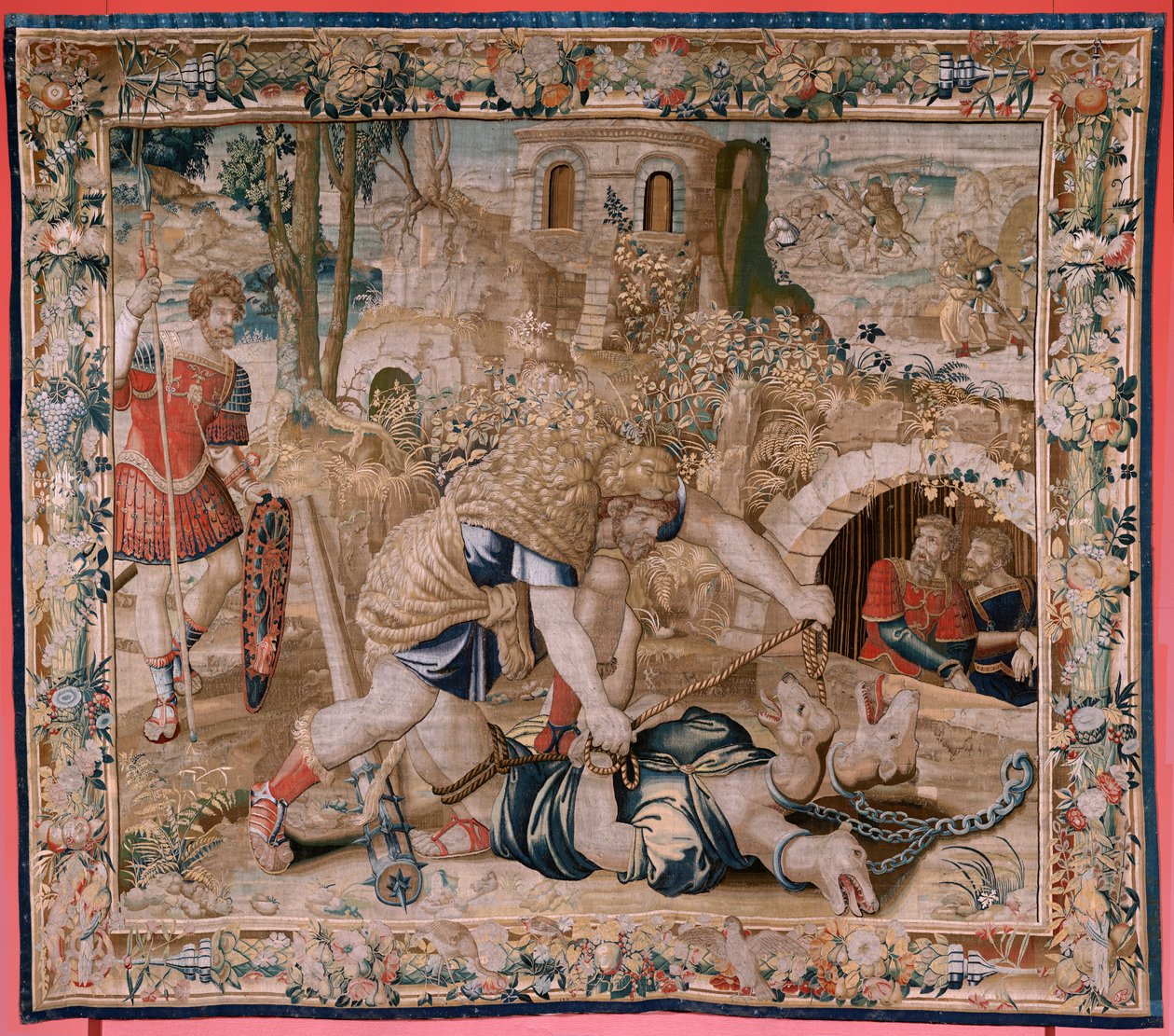 Tapiz flamenco. Serie Los Trabajos de Hércules. Hércules captura a Cerbero (Hércules captura a Cancerbero). Sexto tapiz de la serie existente. Modelo desconocido. Fabricación Willem Dermoyen, Bruselas. Ca1528. Tela Seda y lana. Tamaño 345 x 390 cm. Locati de Flemish School