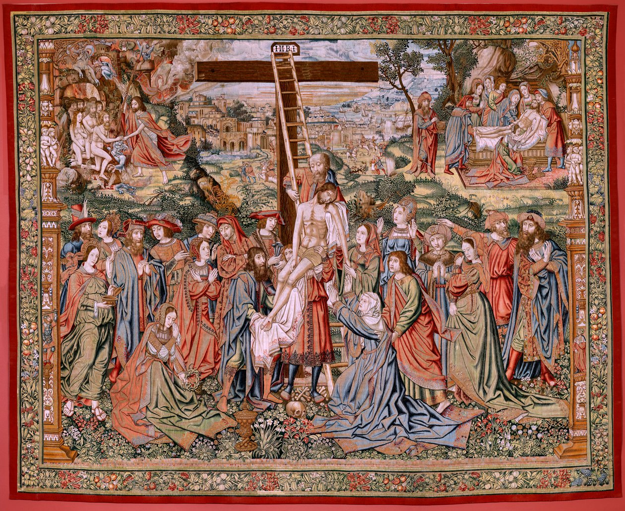 Tapiz flamenco. Serie La Pasión de Cristo. El Descendimiento de la Cruz (Descendimiento). Segunda serie de tapices de la Pasión de Cristo pertenecientes al Patrimonio Nacional. Dibujantes modelo del círculo de Jan van Roome. Manufactura Pieter va de Flemish School