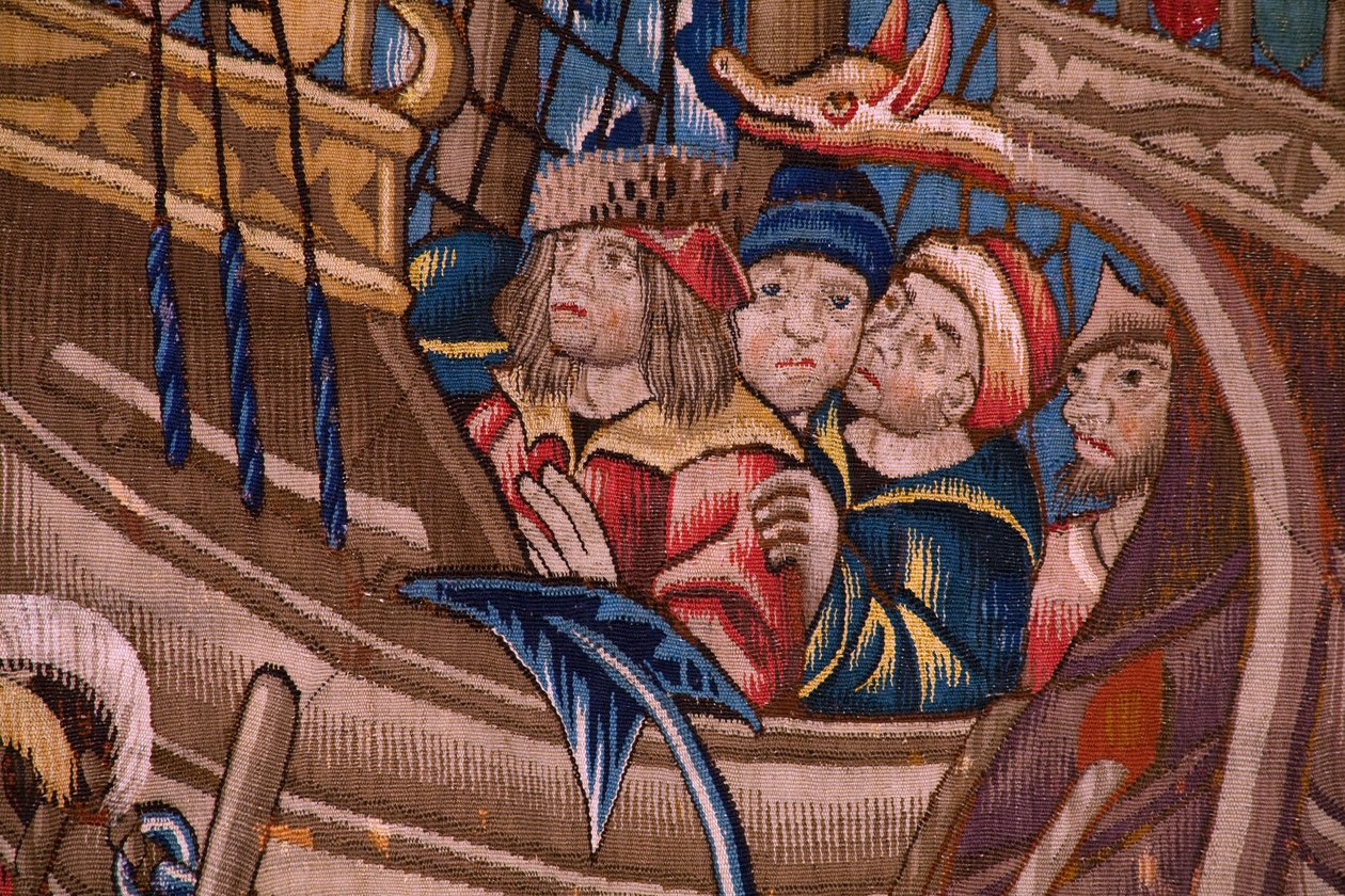 Tapiz flamenco. Serie Los portugueses en la india: La llegada a Calicut (De Aankomst in Calicut, Llegado de Vasco de Gama a Lisboa). Ca 1510. Colección Caixa Geral de Depósitos, Lisboa. Detalle. de Flemish School