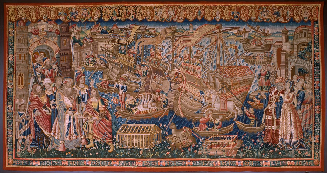Tapiz flamenco. Serie Los portugueses en la india: La llegada a Calicut (De Aankomst in Calicut, Llegado de Vasco de Gama a Lisboa). Ca 1510. Colección Caixa Geral de Depósitos, Lisboa. de Flemish School