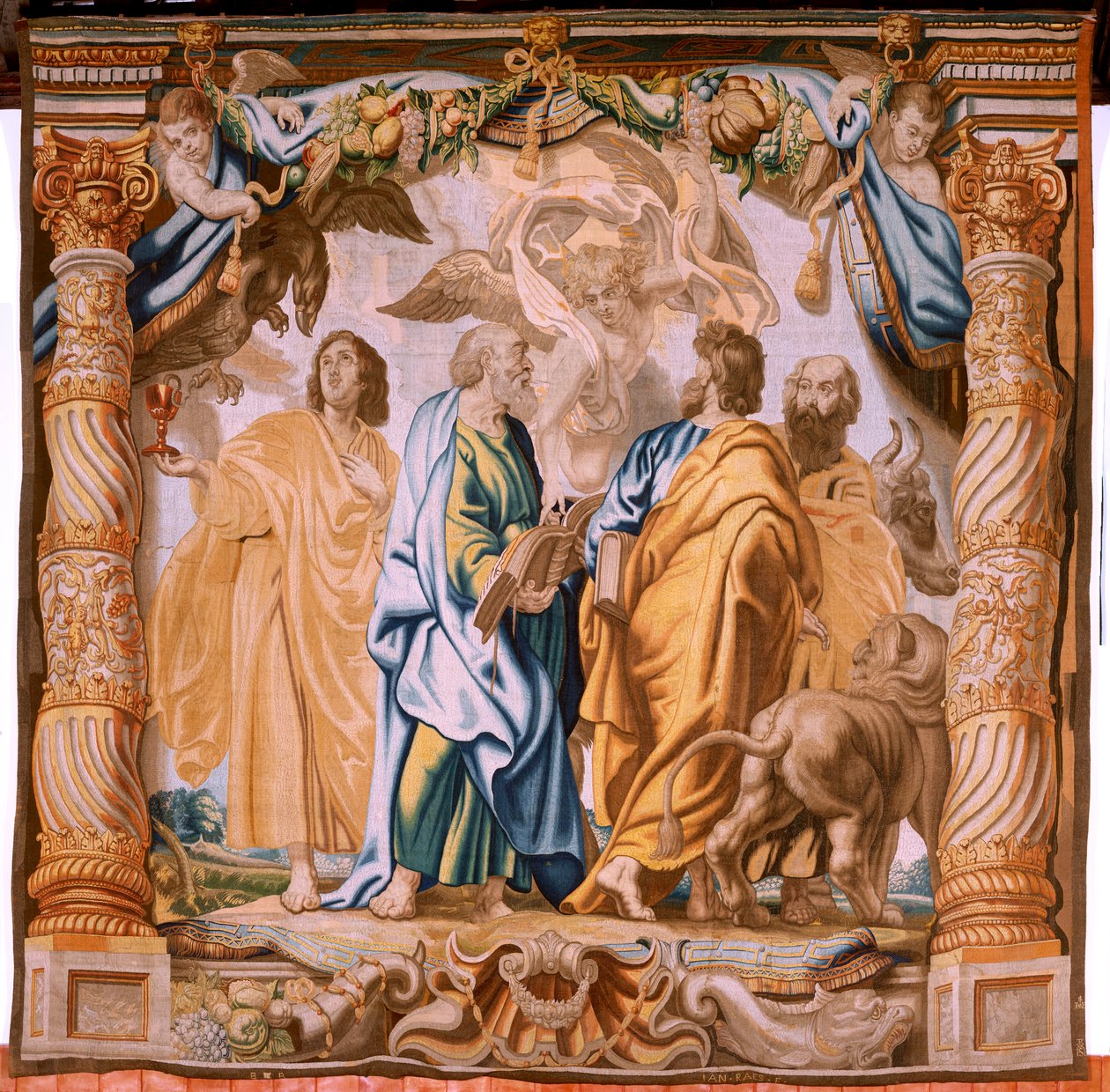 Tapiz flamenco. Serie El Triunfo de la Eucaristía. Los cuatro evangelistas (Los cuatro evangelistas). Undécimo tapiz de la serie. Modelo Peter Paul Rubens. 1626-1628. Manufactura Jan II Raes, Hans Vervoert, Jacques Fobert, Bruselas de Flemish School