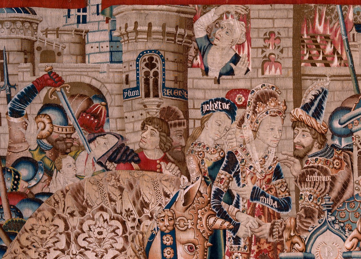 Tapiz flamenco. Serie La Guerra de Troya. La destrucción de Troya (Destrucción de Troya). Undécimo tapiz de la serie. Model Coëtivy Master (Henry o Conrard de Vulcop). Talleres de fabricación Tournai. Ca 1470. Tejido Lana y seda, 6/7 urdimbres por cm. de Flemish School