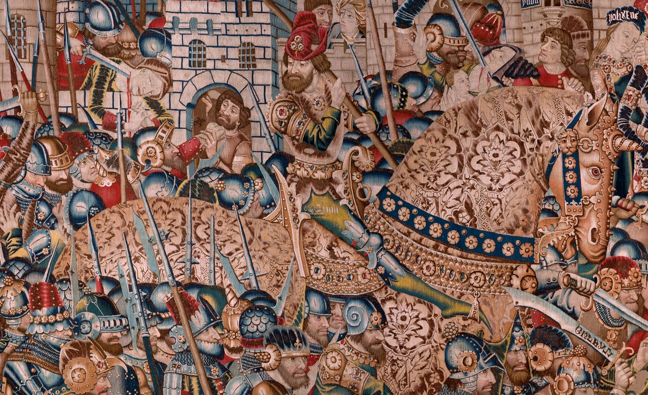 Tapiz flamenco. Serie La Guerra de Troya. La destrucción de Troya (Destrucción de Troya). Undécimo tapiz de la serie. Model Coëtivy Master (Henry o Conrard de Vulcop). Talleres de fabricación Tournai. Ca 1470. Tejido Lana y seda, 6/7 urdimbres por cm. de Flemish School
