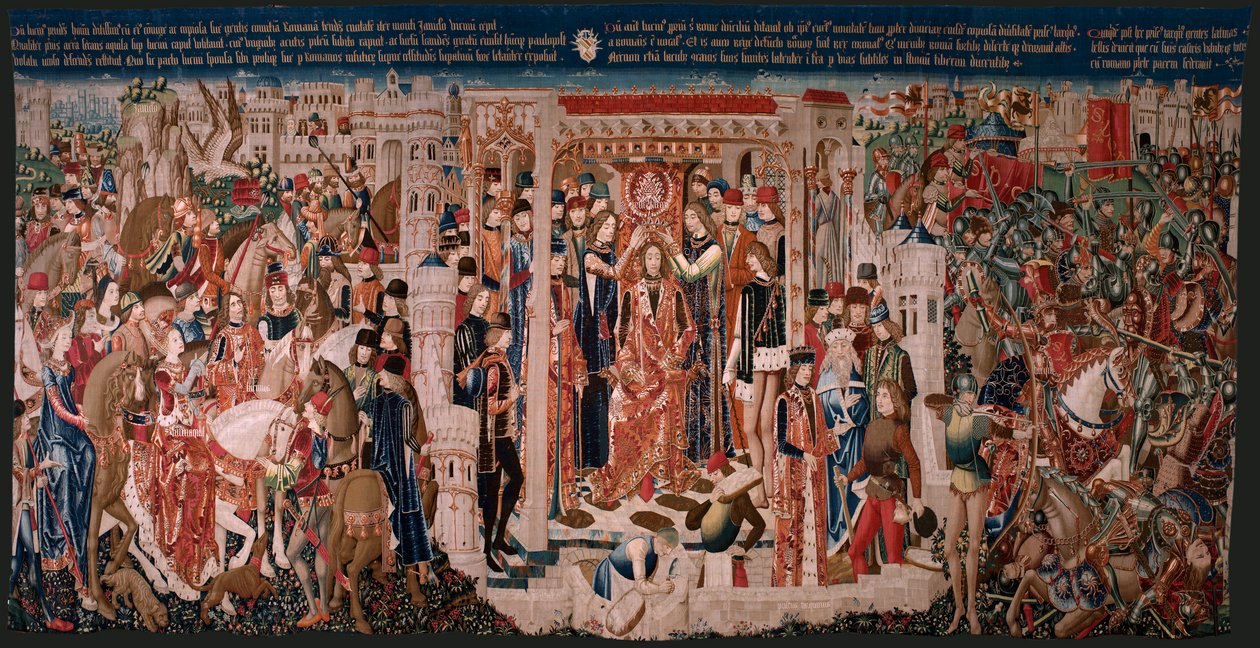 Tapiz flamenco. Serie Desconocida. historia romana? Tarquinius Prisco (Tarquino Prisco). ¿Fabricación en los talleres de Bruselas?. Ca 1475. Tejido Lana y seda, 6 urdimbres por cm. Origen Donación del Conde Alba de Aliste, llegó a la catedral en 1608. ; Lo de Flemish School