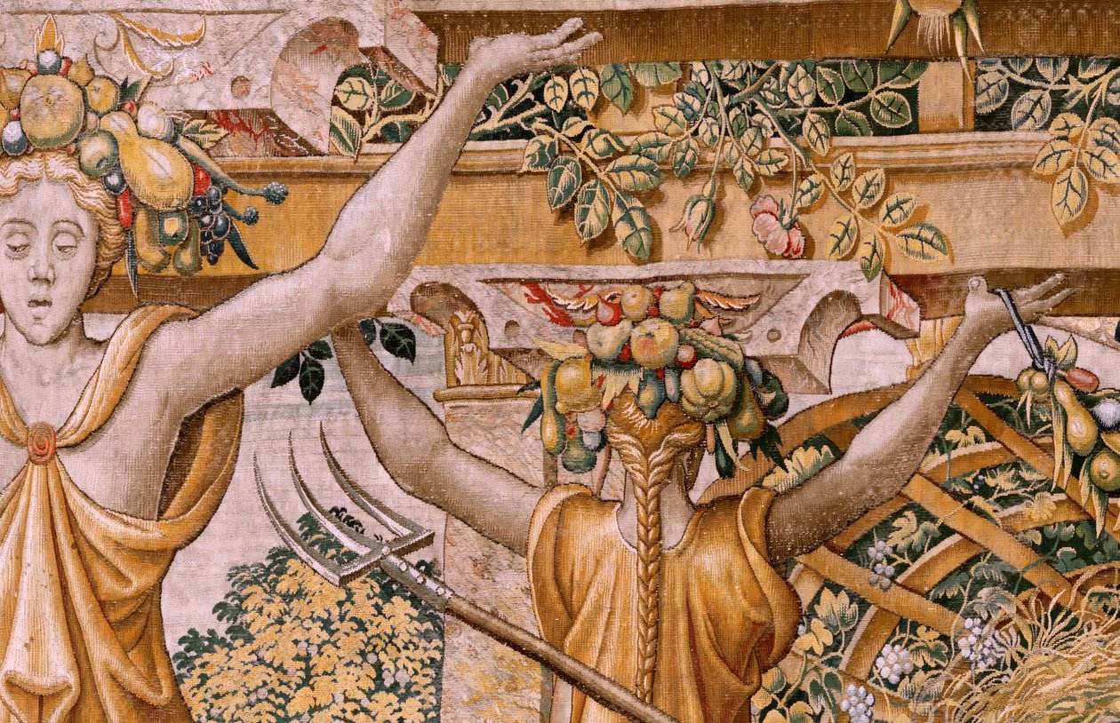 Tapiz flamenco. Serie Vertumnus y Pomona. No II Vertumnus transformado en agricultor (Vertumno y Pomona II Vertumno transformado en agricultor) no1 parte izquierda. Modelos Círculo de Pieter Coecke Van Aelst y Léonard Thiry. Atelier desconocido, Bruselas.  de Flemish School
