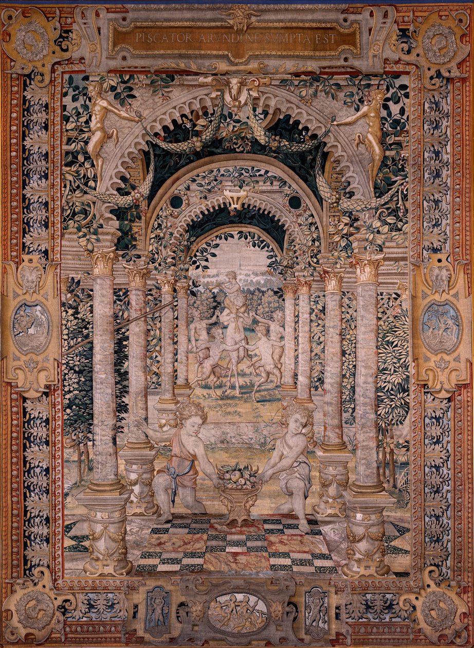 Tapiz flamenco. Serie Vertumnus y Pomona. Séptimo tapiz de la serie; Vertumnus transformado en pescador (parte central). Modelos Círculo de Pieter Coecke Van Aelst y Léonard Thiry. Fabricación Taller desconocido, Bruselas. Antes de 1550. Tejido Ir de Flemish School