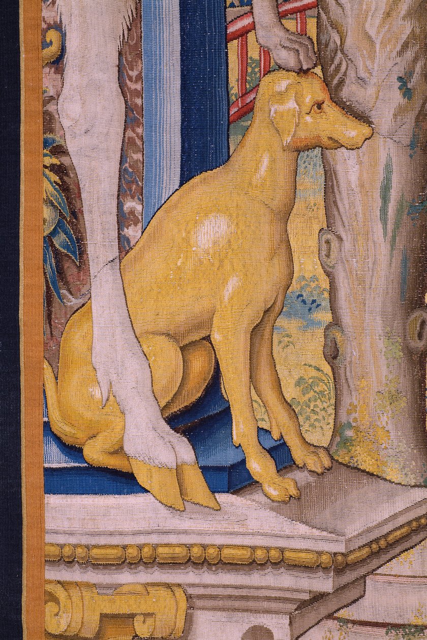 Tapiz flamenco. Serie Vertumnus y Pomona: Vertumnus transformado en granjero (Vertumnus como granjero, Vertumno transformado y agricultor). Estudio Willem de Pannemaker. hacia 1545-1550. Detalle. de Flemish School