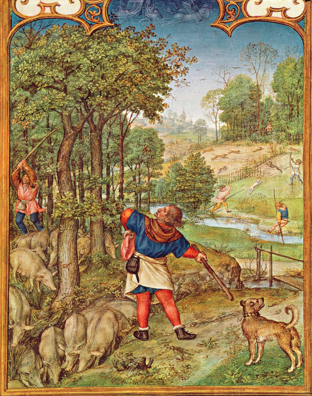 El mes de noviembre: Recolección de bellotas para los cerdos y caza, del Breviarium Grimani, c.1515 de Flemish School