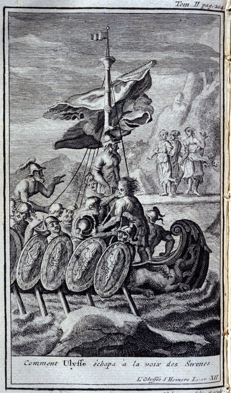 Cómo Ulises escapó de la voz de la sirena. Ilustración para el libro XII de la Odisea de Homero, en la Odisea, publicada en Ámsterdam en 1731, Colección privada Milán de Flemish School