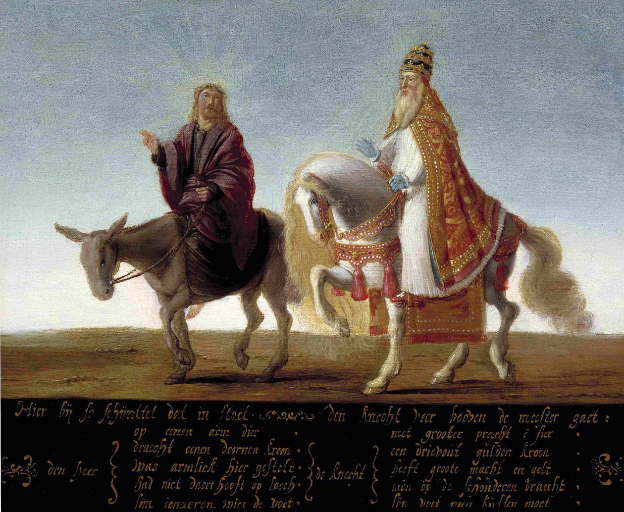 "" Jesús representado en un burro junto al Papa ricamente vestido en un caballo "" Caricatura luterana contra el Papa - Pintura anónima de Flemish School