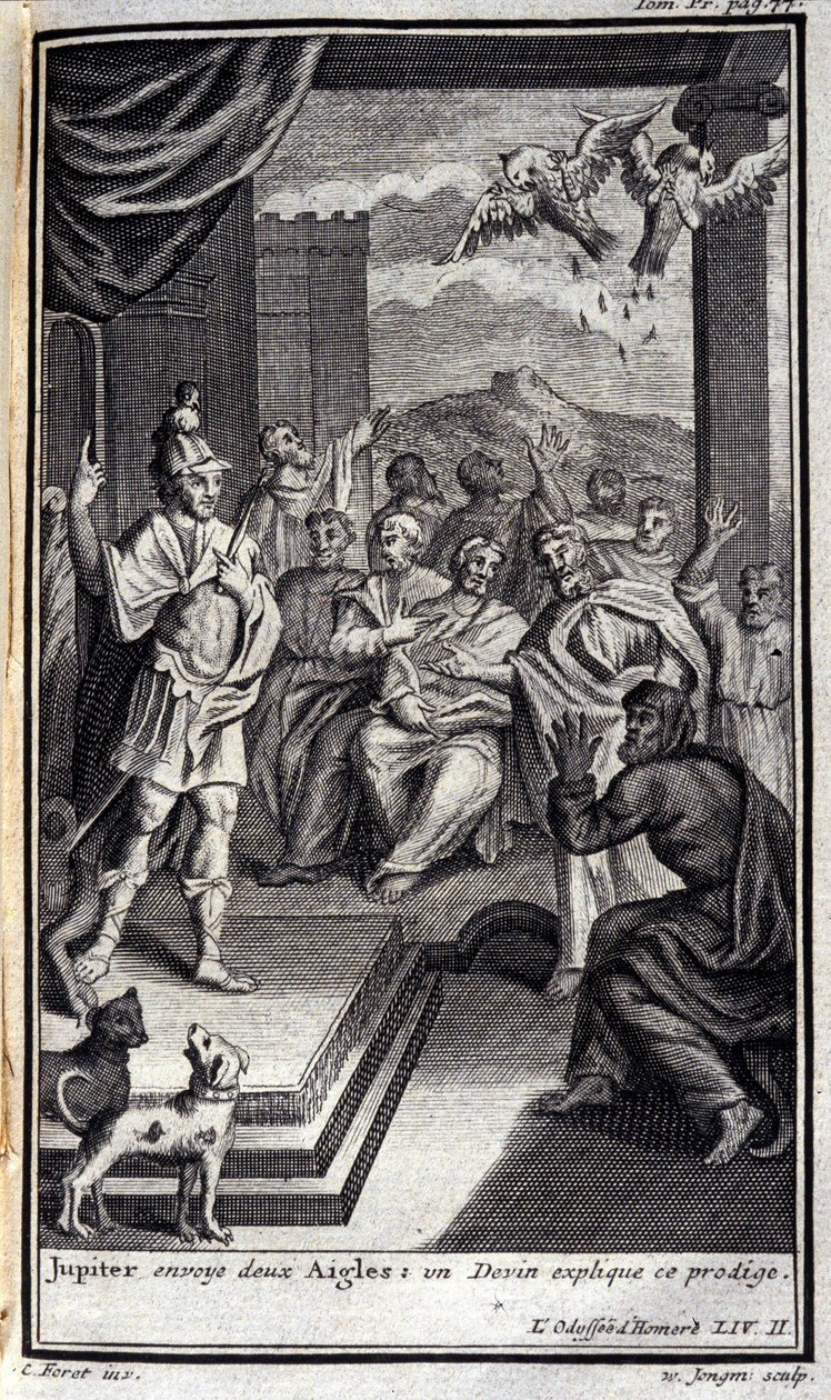 Júpiter envía dos águilas: un adivino explica este prodigio. Ilustración para el libro II de la Odisea de Homero, en la Odisea, publicada en Ámsterdam en 1731, Colección privada Milán de Flemish School