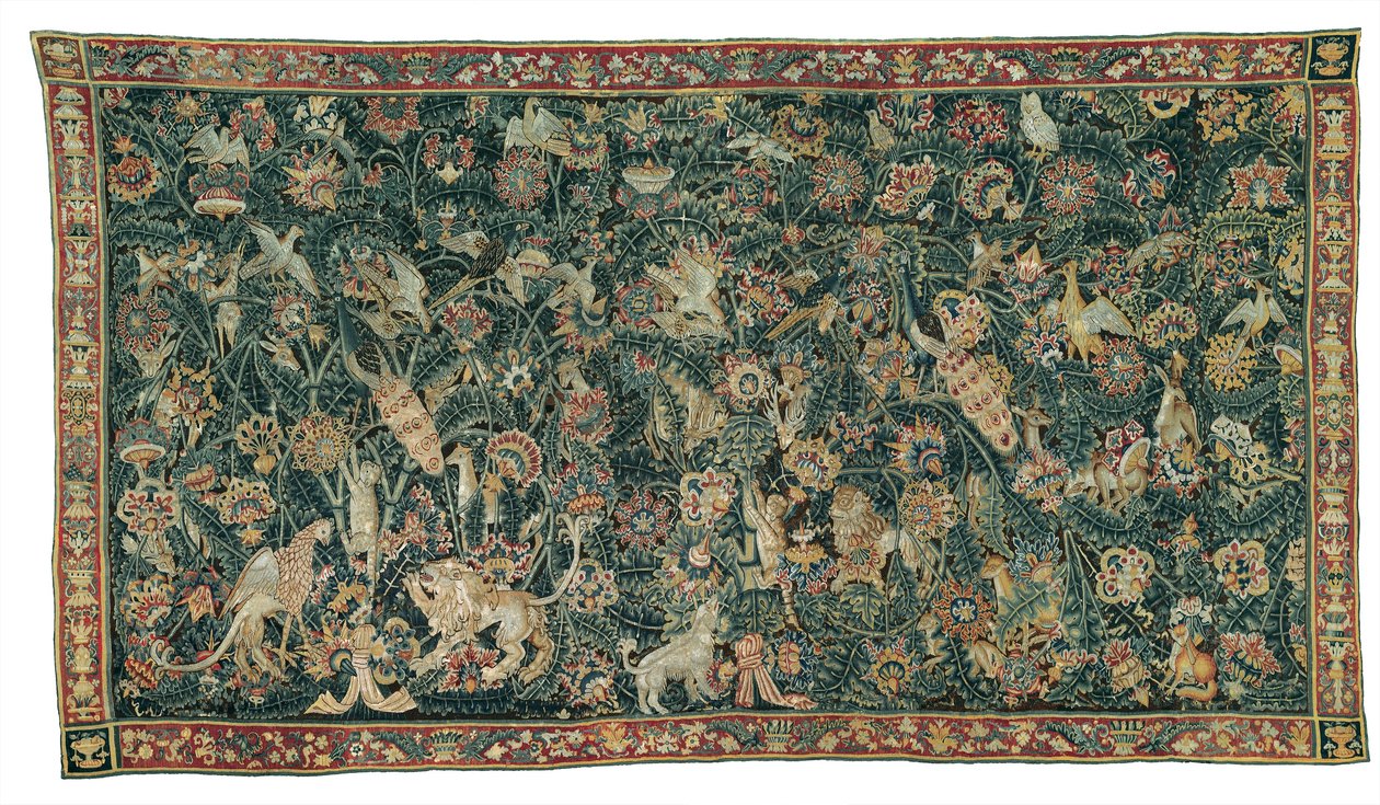 Verdura de hoja grande con animales y pájaros, 1525-50 de Flemish School
