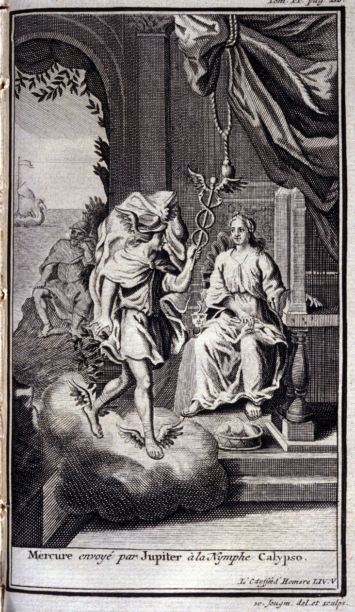 Mercurio enviado por Júpiter a la ninfa Calipso. Ilustración para el libro V de la Odisea de Homero, en la Odisea, publicada en Ámsterdam en 1731, Colección privada Milán de Flemish School