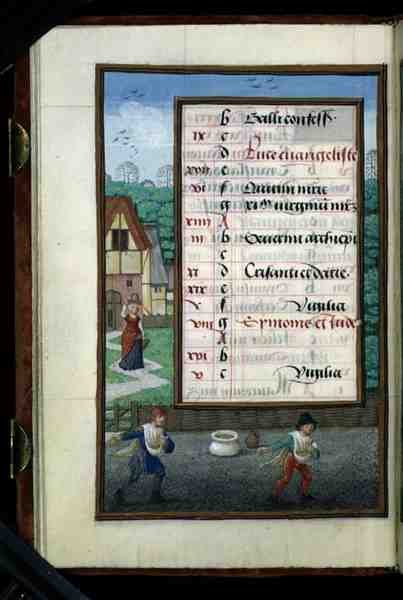 Ms 1058-1975 f.10v Dos hombres sembrando maíz, página de calendario iluminada para octubre, de un Libro de Horas, c.1500 (pergamino) de Flemish School