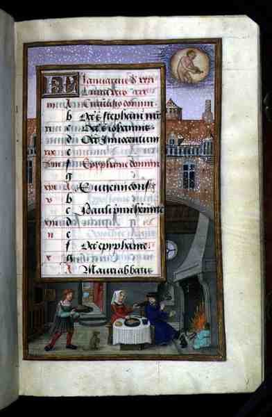 Ms 1058-1975 f1r Pareja Festiva, página de calendario iluminada para enero, de un Libro de Horas, c.1500 (pergamino) de Flemish School