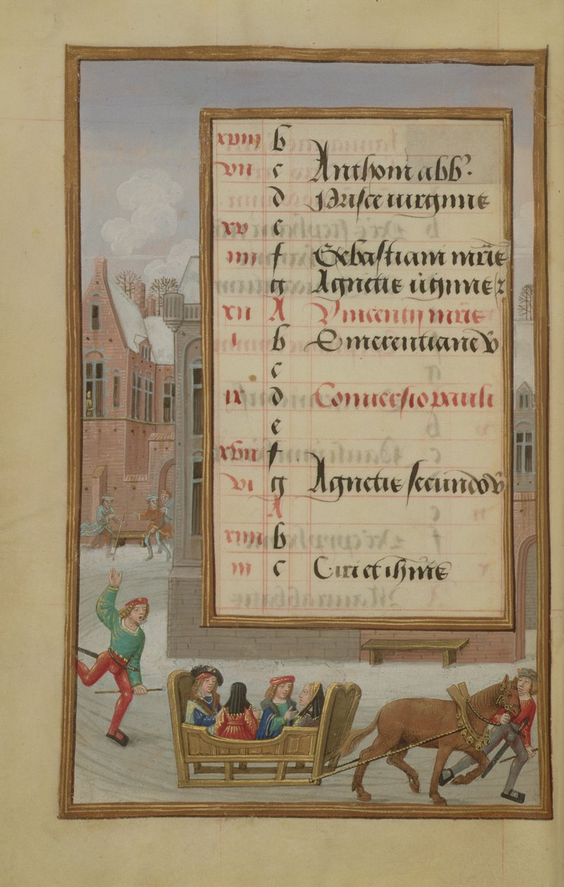 Ms 1058-1975 f1v Escena Callejera en la Nieve, página de calendario iluminada para enero, de un Libro de Horas, c.1500 de Flemish School