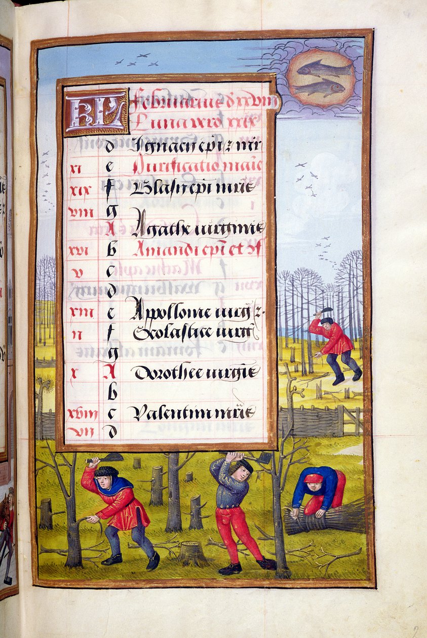 Ms 1058-1975 f2r Cortando Árboles y Atando Leña, página iluminada para febrero, de un Libro de Horas, c.1500 de Flemish School