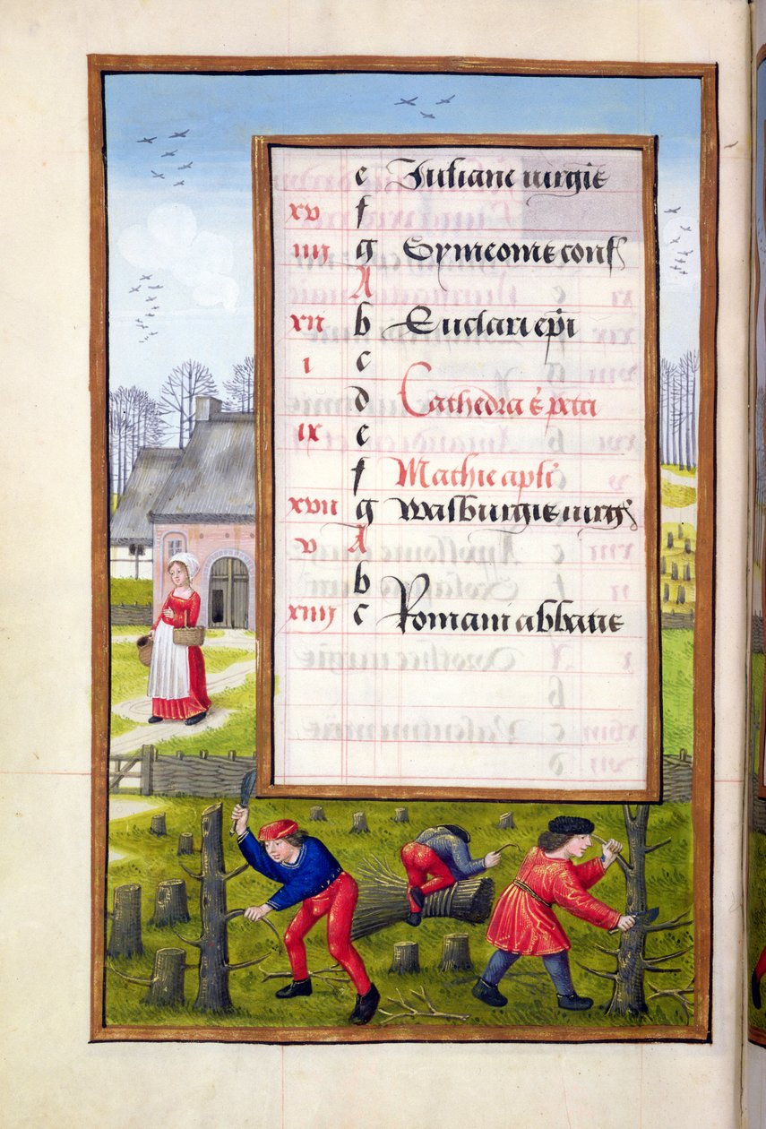 Ms 1058-1975 f2v Cortando Árboles y Atando Leña, de un Libro de Horas, c.1500 de Flemish School