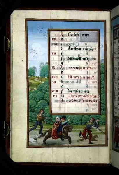 Ms 1058-1975 f4v Un Maestro y su Dama Cabalgan con la Caza, página de calendario iluminada para abril, de un Libro de Horas, c.1500 de Flemish School