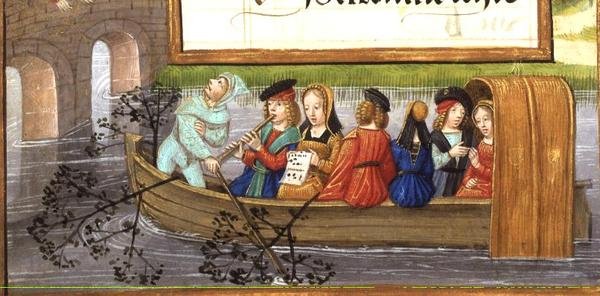 Músicos navegando por un río, de un 