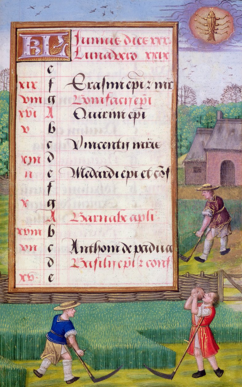 Ms 1058-1975 f6r Cortando hierba, página de calendario iluminada para junio, de un Libro de Horas, c.1500 (pergamino) de Flemish School