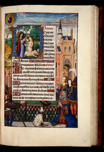 Ms 1058-1975, f.74r: El rey David rezando a la Virgen y al Niño y una inicial historiada D que representa la creación de Eva, de un Libro de Horas, Brujas, c.1510 de Flemish School