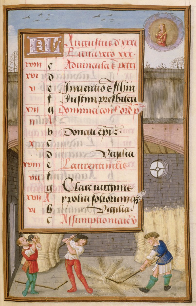 Ms 1058-1975 f8r Trillando Maíz en el Granero, página de calendario iluminada para agosto, de un Libro de Horas, c.1500 de Flemish School