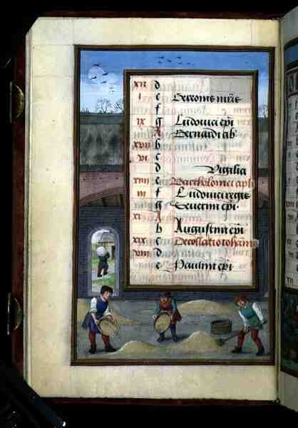 Ms 1058-1975 f8v Aventando Maíz en un Granero, página de calendario iluminada para agosto, de un Libro de Horas, c.1500 de Flemish School