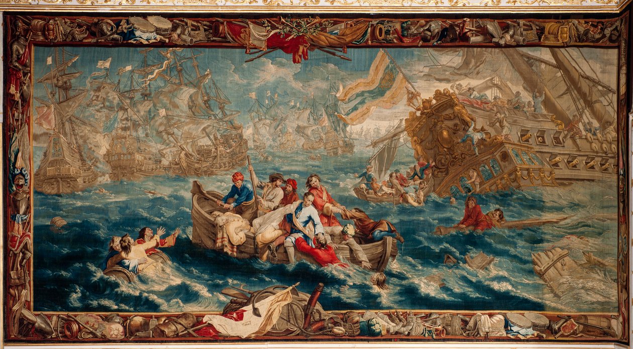 Palacio (Schlossanlage Schleissheim). Tapiz flamenco. Estudio bruselense Judocus De Vos. Diseño Lambert De Hondt. Batalla naval de La Hogue (Batalla naval de La Hogue). 400x792cm. Lana y seda. Ca 1715 - 1724. de Flemish School