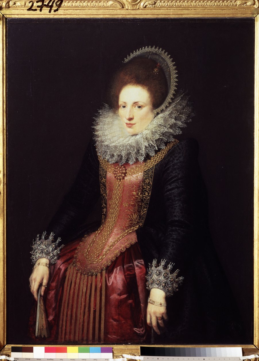 ""Portrait of a lady with a fan" (Retrato de una dama con abanico) dama de riqueza, con gorguera y vestido bordado. Pintura de la escuela flamenca hacia 1610. Museo Pushkin, Moscú de Flemish School