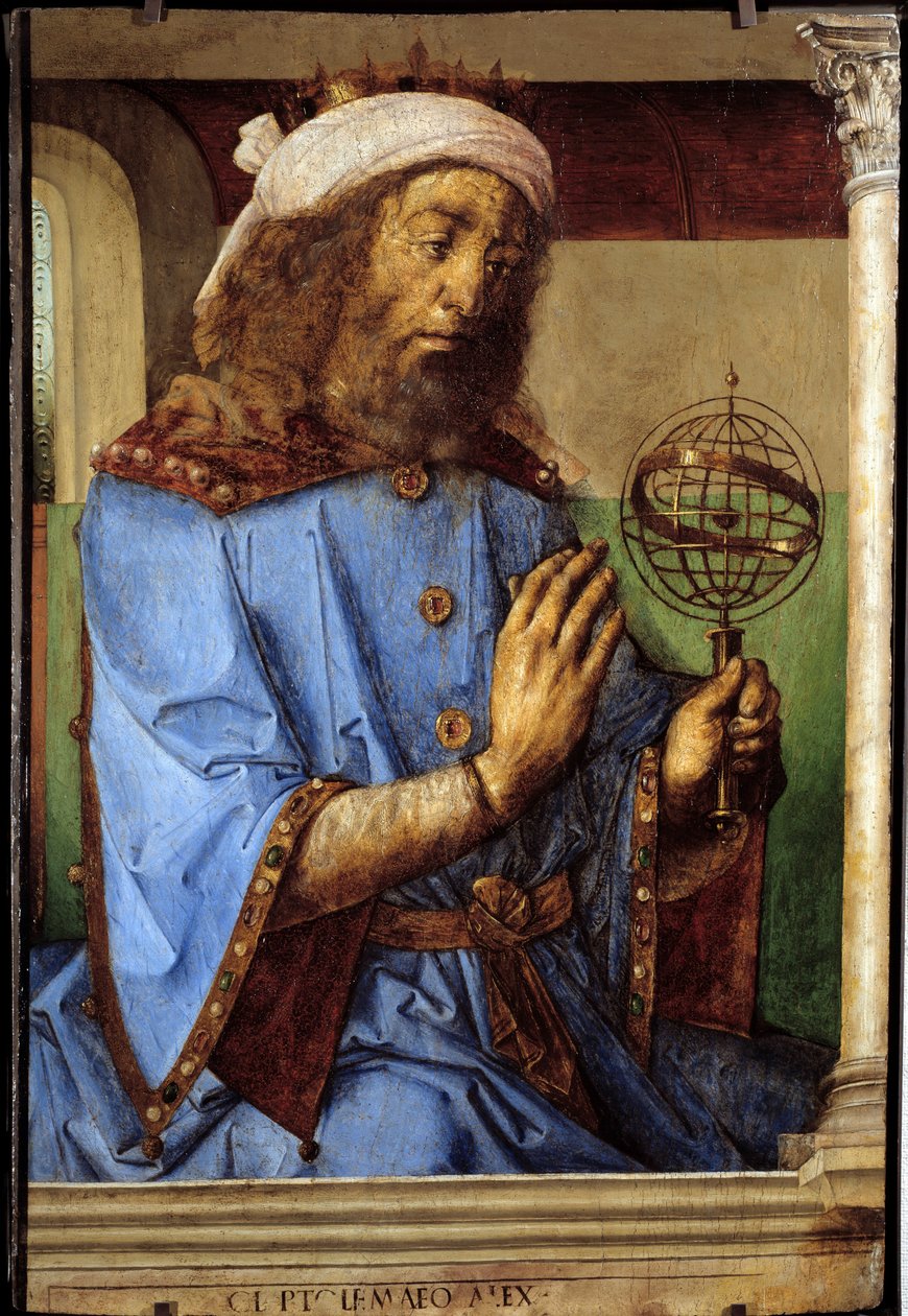 Retrato de Ptolomeo (Claudio Ptolomeo, ca. 90-168), astrónomo griego. Pintura de Pedro Berruguete (ca. 1450-antes de 1504) y Justo de Gante (1435-1480) Ec. Flam de Flemish School