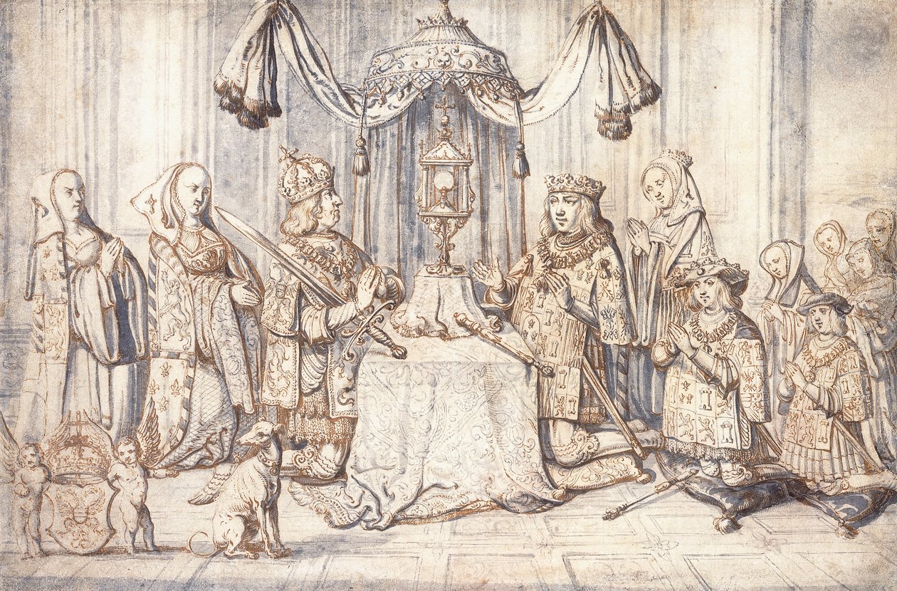 Retratos del emperador Maximiliano I, su esposa, hija, hijo y otros en la Capilla Santa en Dijon, c.1600 de Flemish School