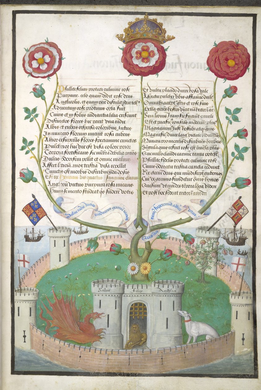 Royal MS 11 E Xl fol.2 Versos con símbolos Tudor, c.1516 (vitela) de Flemish School
