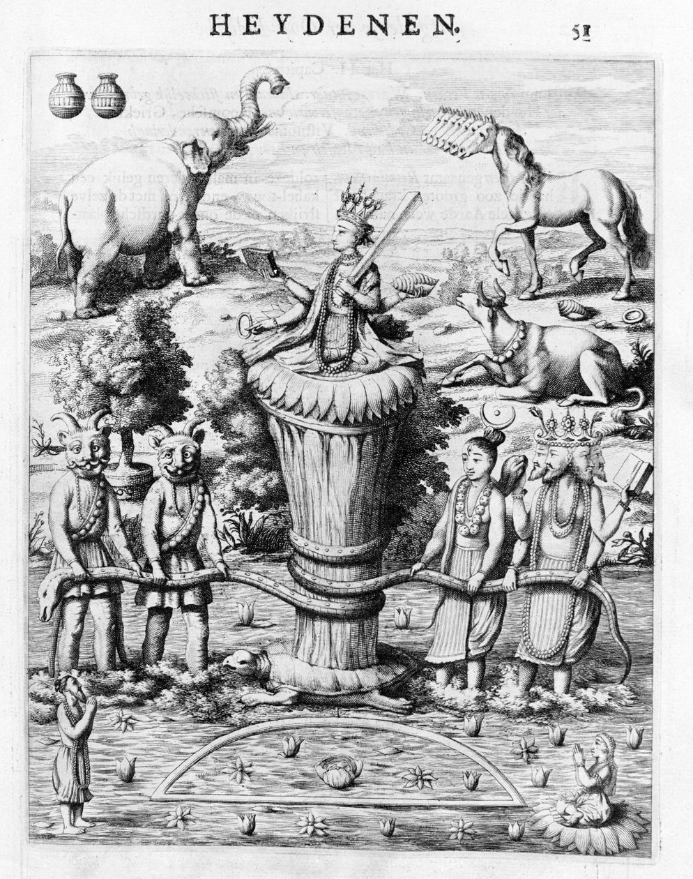 Samudramathana, con la participación de Deva (Surya, Shiva, Vishnu, Brahma) con demonios y monturas. Según Baldaeus Philippus Afgoderye der oost-indische Heydenen. Ámsterdam 1672 de Flemish School
