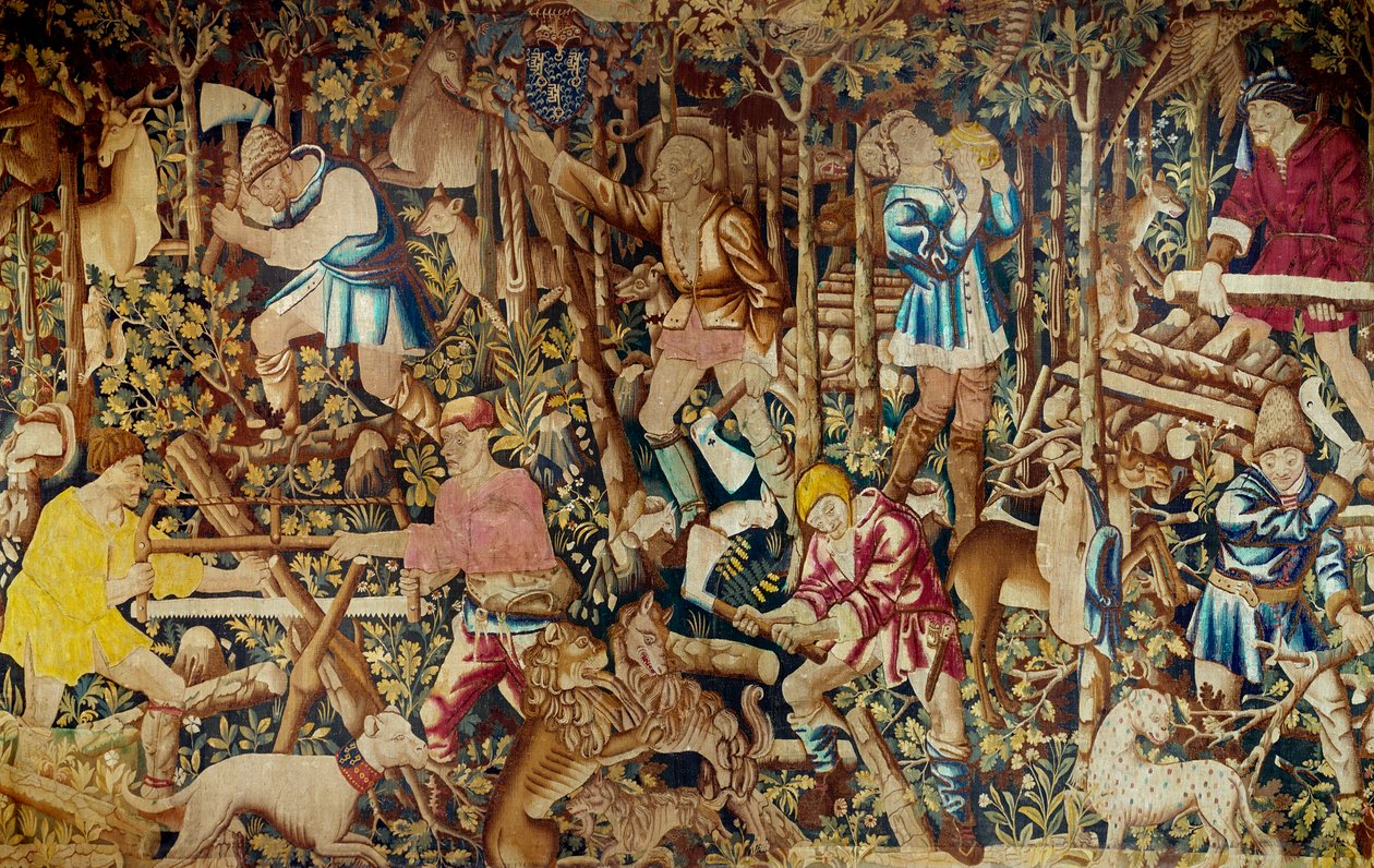 Escenas de cosecha y leñador. Tapiz de la Escuela Flamenca. Tournai. Siglo XV París, artes decorativas de Flemish School