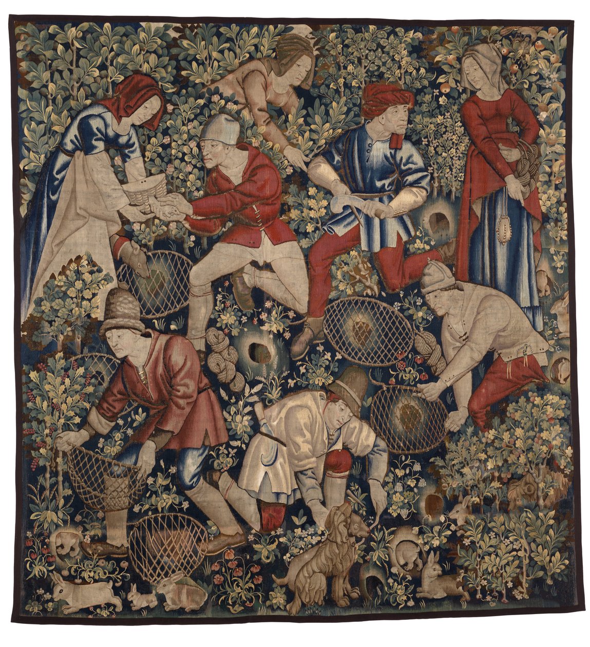 Tapiz que representa a campesinos cazando conejos con hurones, Tournai, c.1450-75 (lana) de Flemish School