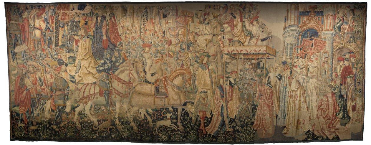 Tapiz que muestra las conquistas del rey Alfonso V de Portugal (Conquistas de Alfonso V de Portugal), Tournai. (Detalle) de Flemish School