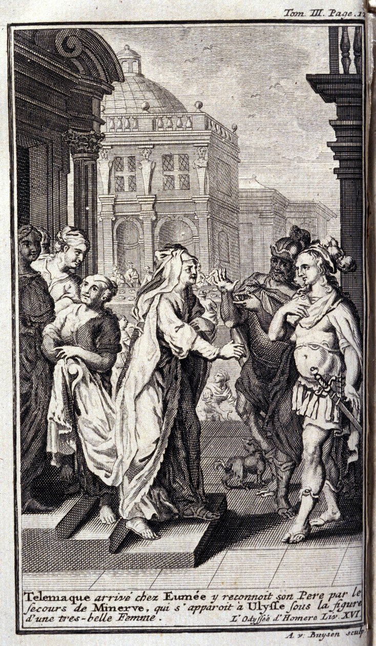 Telémaco llega a la casa de Eumeo, reconoce a su padre con la ayuda de Minerva, quien aparece en Ulises bajo la figura de una hermosa mujer. Ilustración para el libro XVI de la Odisea de Homero, en la Odisea, publicada en Ámsterdam en 1731, Colección priva de Flemish School