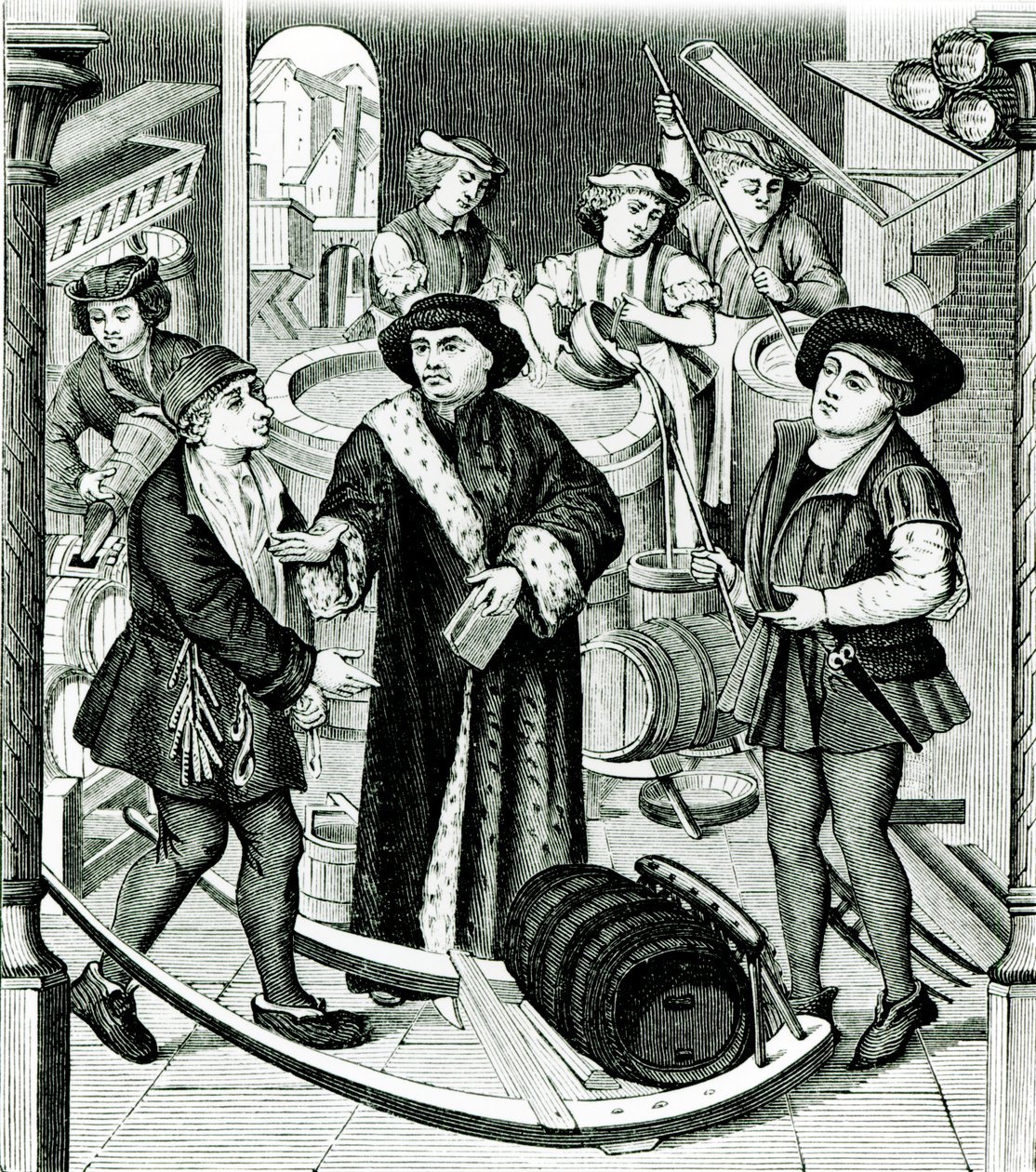 El obispo de Tournai recibiendo el diezmo de la cerveza concedido por el rey Chilperico, después de una ventana de la Catedral de Tournai de Flemish School