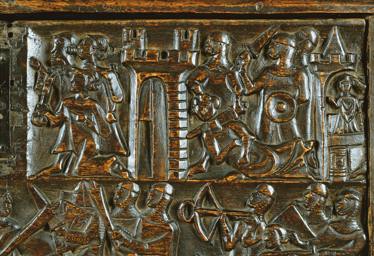 El cofre de Courtrai que representa a los soldados de infantería flamencos derrotando a la caballería francesa (detalle) de Flemish School